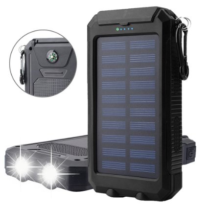 Solar Charger, 10000mAh Solar Panels Power Bank, Stoon External Battery Packs Charger Rainproof Dual USB Phone Charger w/ Hook Compass LED Flashlight Portable for Emergency Camping Cell Phone (Black)