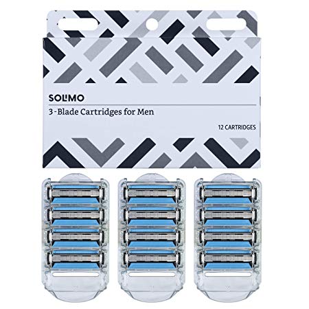 Solimo 3-Blade Razor Refills for Men with Dual Lubrication, 12 Cartridges (Fits Solimo Razor Handles only)