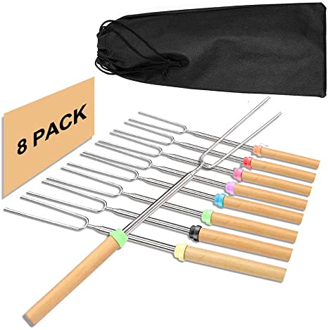 8 Marshmallow Roasting Sticks, 32 Inch Telescoping Hot Dog Forks&Smores Skewers Extendable for Campfire, Camping Stove Bonfire BBQ Tools with Portable Bag