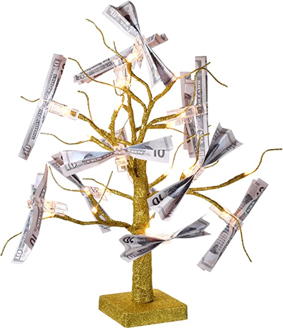 Money Holder Tree Present Card Holder, LED Birch Twig Tree Lights Tabletop, Display Tree with 12 Clear Clips for Christmas, Memo, Present Card, Photo, Wedding, Birthday (Gold, Warm White)