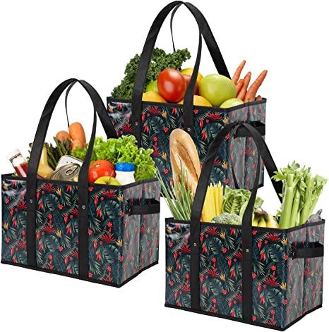 Foraineam 3 Pack Reusable Grocery Bags Heavy Duty Grocery Totes Bag Shopping Box Bags Collapsible Grocery Boxes with Reinforced Bottom