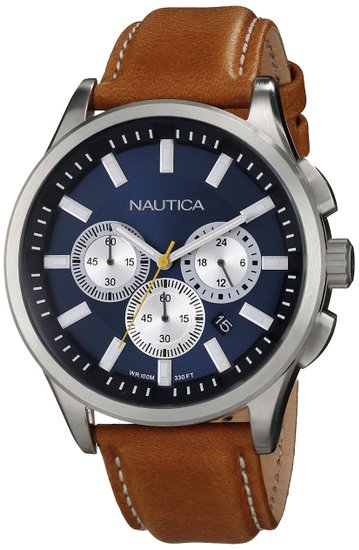 Nautica Men's N16695G NCT 17 Brushed Stainless Steel Watch with Brown Band