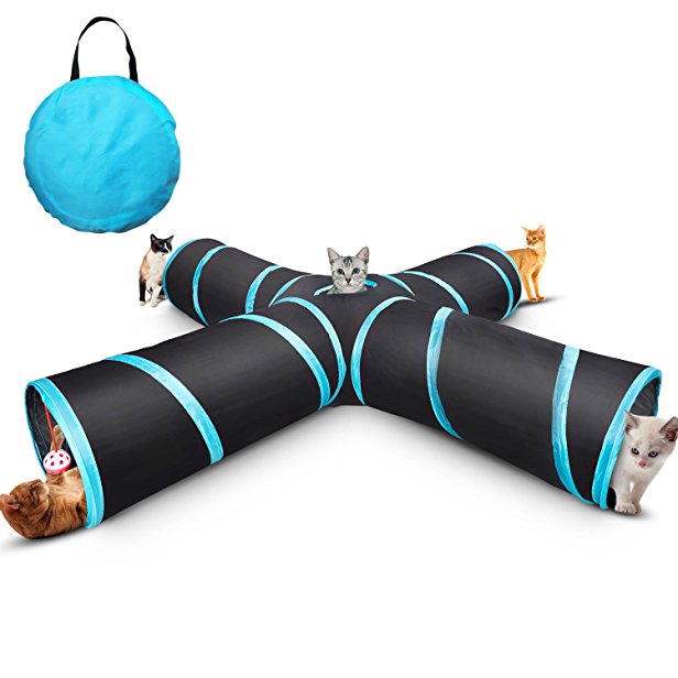 4 Way Cat Tunnel ,Creaker Collapsible Pet Play Tunnel Tube Toy with a Bell Toy & a Soft Ball Toy for Cat, Puppy, Kitty, Kitten, Rabbit