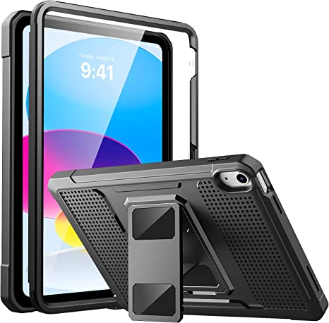 MoKo iPad 10th Generation Case 10.9 inch 2022, Shockproof Full Body Rugged Hybrid Protective Cover with Kickstand and Built-in Screen Protector for iPad 10th Gen 2022, Support Touch ID, Black