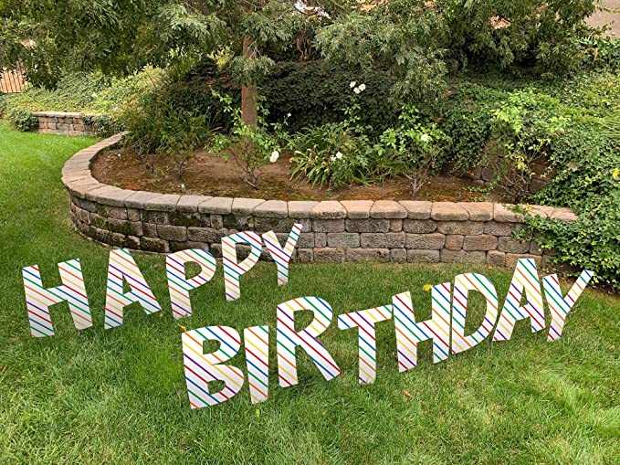 Note Card Cafe Happy Birthday Yard Sign Lawn Letters Set with Stakes | Primary Color Stripes Design for Girl, Boy, Colorful Party Outdoor Decorations | Large Single Sided Signs
