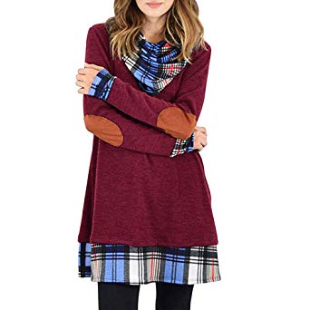 Alaster Queen Women's Cowl Neck Long Sleeve Plaid Elbow Patch Casual Sweater Mini Tunic Dress for Women