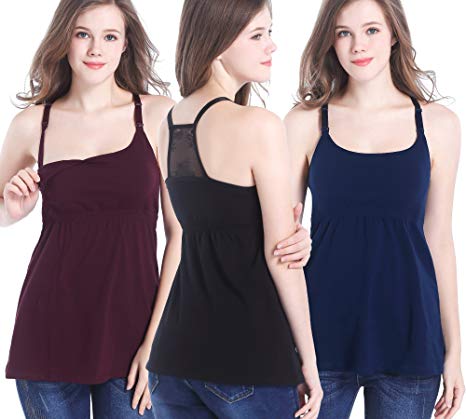 CAKYE 3PACK Nursing Tops Maternity Tank Cami Bra Breastfeeding Sleep Shirt