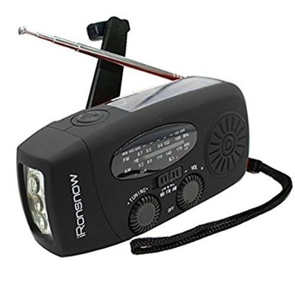 iRonsnow IS-088 Dynamo Emergency Solar Hand Crank Self Powered AM/FM/NOAA Weather Radio, LED Flashlight, Smart Phone Charger Power Bank with Cables
