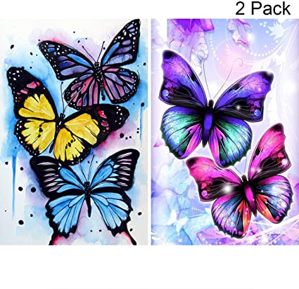 2 Pack 5D Full Drill Diamond Painting Kit, KISSBUTY DIY Diamond Rhinestone Painting Kits for Adults and Beginner Diamond Arts Craft Home Decor, 15.8 X 11.8 Inch (Butterfly Diamond Painting Kits)