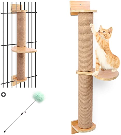 Odoland Cat Activity Tree with Scratching Posts - Wall Mounted Cat Scratching Post Cat Shelves with Solid Wood Steps - Cage Mounted Cat Jute Scratcher Hammock for Indoor