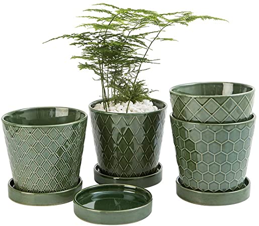 Flower Planter –5 inch Ceramic Plant Pots with Drainage Hole and Ceramic Tray - Gardening Home Desktop Office Windowsill Decoration Gift Set of 4 - Plants NOT Included