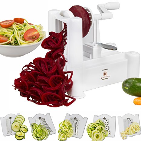 Brieftons 5-Blade Spiralizer: Strongest-and-Heaviest Duty Vegetable Spiral Slicer, Best Veggie Pasta Spaghetti Maker for Low Carb/Paleo/Gluten-Free Meals, With 3 Exclusive Recipe eBooks