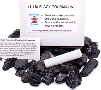 Dancing Bear Black Tourmaline Crystals Bulk (1 LB), Includes: (1) 3” Selenite Stick & Information Cards, Rough Raw Natural Stones for Good Vibes, Reiki Energy, EMF & Radiation Protection, Made in USA