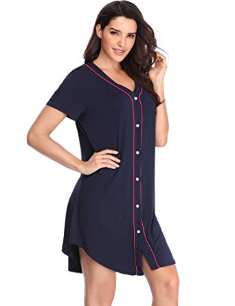 Lusofie Nightgown Women's Long Sleeve Nightshirt Boyfriend Sleep Shirt Button-up Lapel Collar Sleepwear