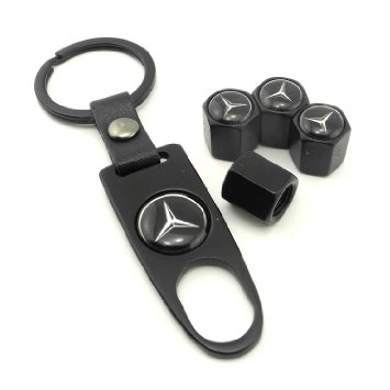 iDoood High Quality Steel Car Air Tire Valve Caps and Black Keychain Combo Set for Mercedes Benz