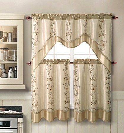 Daphne Embroidered Kitchen Curtain Set By Victoria Classics - Assorted Colors (Taupe)