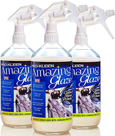 Pro-Kleen Amazing Glaze Waterless Wash & Wax with Carnauba | Cleans, Shines & Protects Your Car | Reveals a Polished, Showroom Shine (Triple Pack - 3 x 1 Litre)