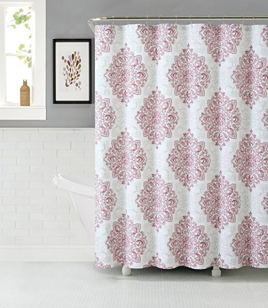 Tranquility Cotton Rich Fabric Shower Curtain with Medallion Design (Blush-White-Beige)