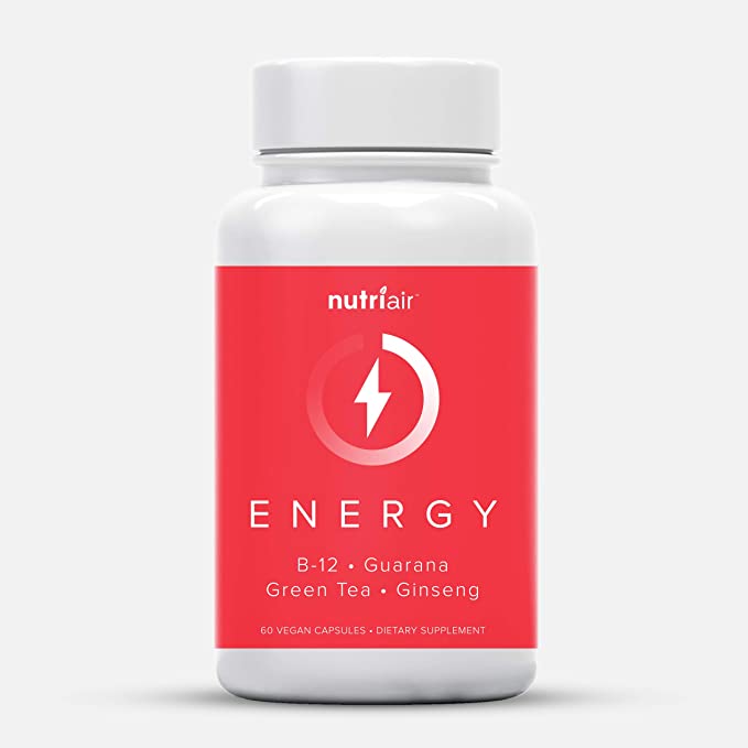 Nutriair Natural Energy Supplement - No Added Caffeine Guarana Pills, Ashwagandha, Panax Ginseng and L-Theanine - Support to Stay Awake, Alert, and Enegized, Pre Workout Dietary Vitamins (60 Capsules)