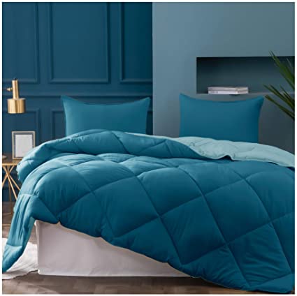 Kasentex 2-Tone Reversible Comforter Set with Plush Down Alternative Filling - Fluffy, Hypoallergenic and Machine Washable, King, Sea Turtle Teal/Caribbean Blue