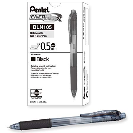 Pentel Energel X Retractable Liquid Gel Roller, 0.5mm Fine Needle Point Size, Black Ink, Box of 12 - BLN105-A