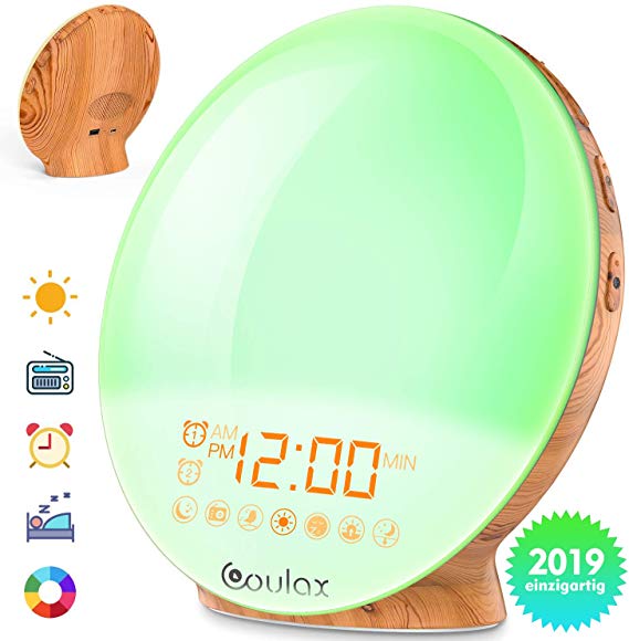 COULAX Wake Up Light Alarm Clock Upgraded Version Wood Grain Sunrise Alarm Clock Sunset Simulation Wake Up Clock Night Light with Nature Sounds FM Radio Snooze Function and Atmosphere Lamp Function