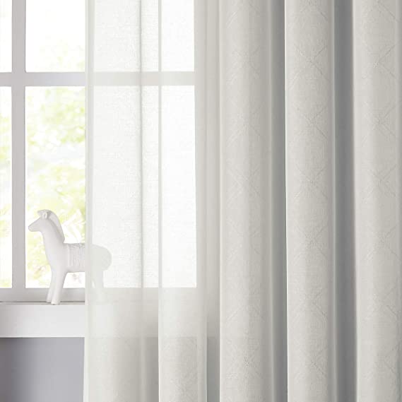 Moroccan Sheer Curtains Ivory 84 Inch Length Bedroom Lattice Subtle Diamond Texture Jacquard Window Curtain Panels for Living Room Rod Pocket 2 pcs