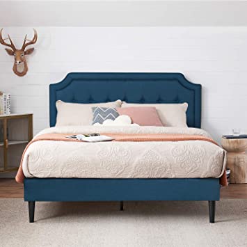 VECELO Premium Upholstered Platform Bed Diamond Stitched Panel Headboard, Metal Frame & 12 Strong Wood Slat Support, Mattress Foundation/Easy Assembly,Queen,Blue