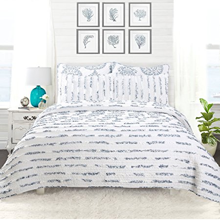 DriftAway 3 Piece ruffle stripe Reversible Quilt Set /Bedspread/Coverlet– hand crafted ruffle stripes, 100% Cotton, Pre-washed, blue (Full/Queen)