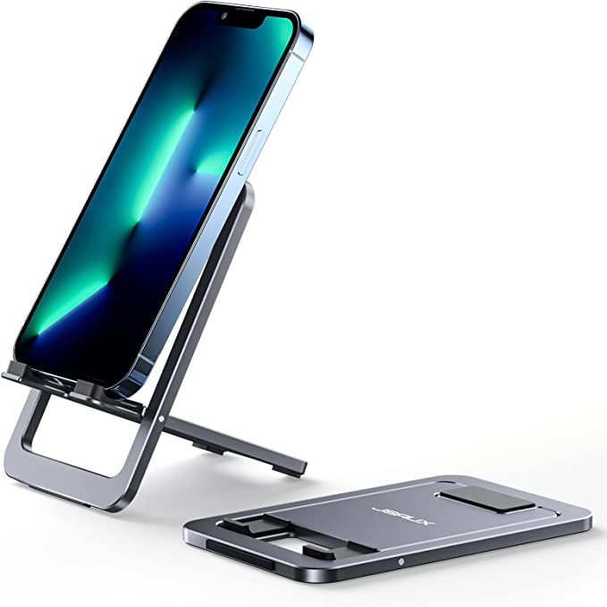 JSAUX Cell Phone Stand, [2-Pack] Foldable Aluminum Adjustable Phone Holder for Desk Portable Travel Holder Office Desk Accessories Compatible for iPhone 14 13 12 11 Pro Max X Xr Samsung S22 S21 Grey