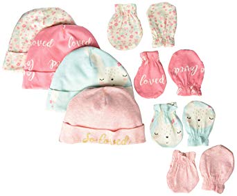 Gerber Baby Girls' 8-Piece Organic Cap and Mitten Set