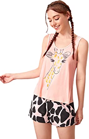 DIDK Women's Printed Scoop Neck Tank Top and Drawstring Shorts Pajama Set