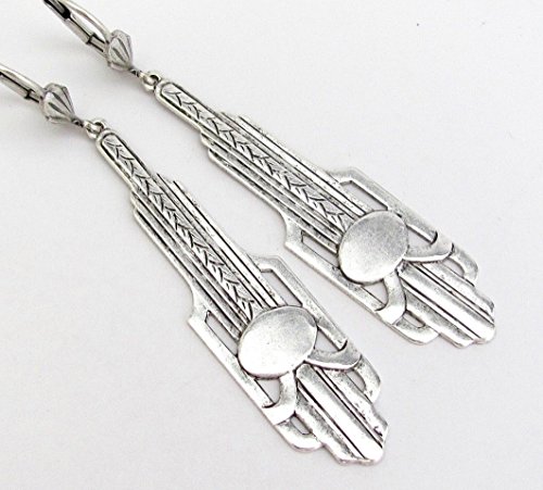 Art Deco Design Earrings Long Chandelier Drops Antiqued Silver-tone