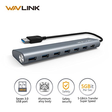 Wavlink Premium USB 3.0 Hub Bus 7 Ports Aluminum Alloy USB Extender- Slim and Sandblasted Surface Treatment- Built-in 9.5" Cable w/ 5V AC Power Adapter Ensure your Buying Experience- Gray
