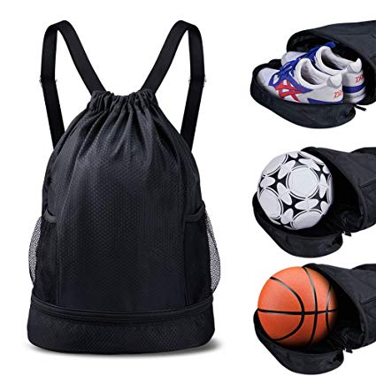 SKL Drawstring Bag Backpack with Ball Shoe Compartment Sport Gym Sackpack String Bag for Men Women Soccer Basketball