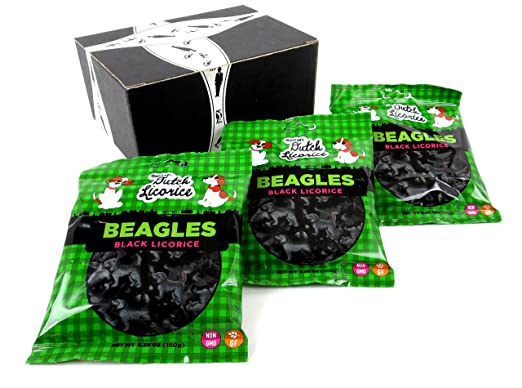 Gustaf's Gluten Free Black Licorice Beagles, 5.29 oz Bags in a BlackTie Box (Pack of 3)