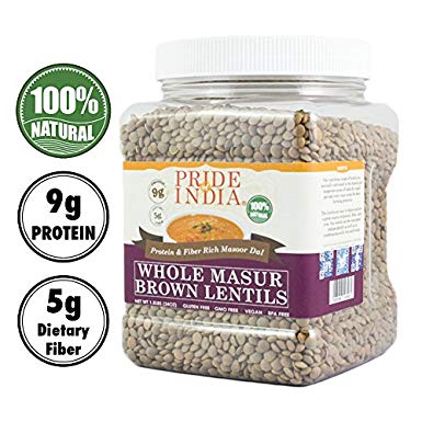 Pride Of India - Indian Whole Brown Crimson Masur Lentils - Protein & Fiber Rich Masoor Whole, 1.5 Pound Jar