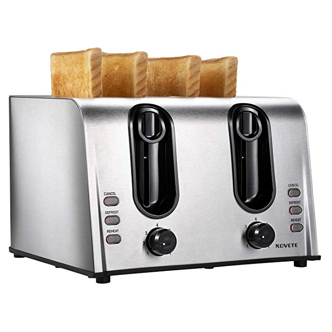 NOVETE Toaster 4 Slice, 1.5’’ Extra-Wide Slot Toaster, Retro Stainless Steel Toaster, 7 Shade Settings, Defrost/Reheat/Cancel Functions, Removable Crumb Tray, Bread Toaster for Breads/Bagels/Waffles