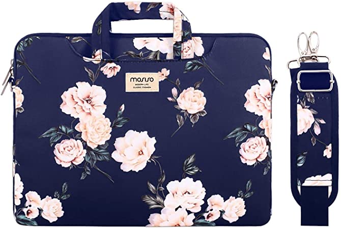MOSISO Laptop Shoulder Bag Compatible with MacBook Pro 16 inch A2141/Pro Retina A1398, 15-15.6 inch Notebook, Camellia Carrying Briefcase Sleeve with Trolley Belt, Blue