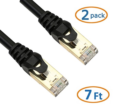 iCreatin 2-Pack Unlimited CAT 7 Double Shielded 10 Gigabit 600MHz Ethernet Patch Cable, Gold Plated Plug STP Wires CAT7 for High Speed Computer Router Ethernet LAN Networking -7 Feet Black