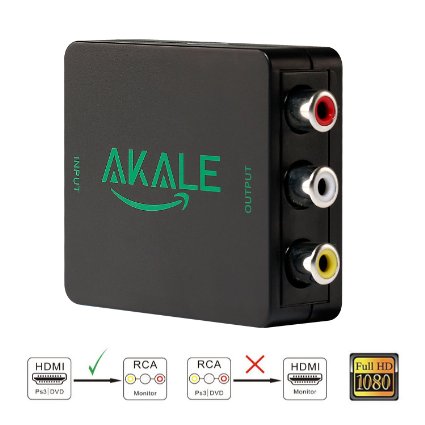 Akale 1080P HDMI to AV RCA CVBS Composite Video Audio Converter Adapter Support PAL/NTSC with HDMI Cable 3RCA Cable for PC Laptop Xbox PSTV STB VHS VCR Camera DVD Roku 2 Roku 3 and AppleTV,Black