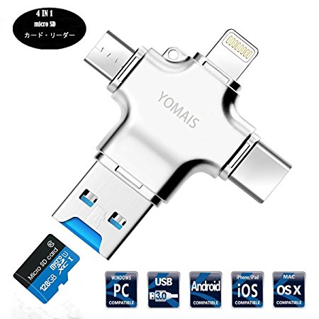 4 in 1 Card Reader, YOMAIS Micro SD Card Reader with Type C USB Lightning Connector Micro USB HUB Adapter, TF Flash Memory Card Readers For iPhone, iPad, Mac, PC, Android USB 3.0 (Silver)