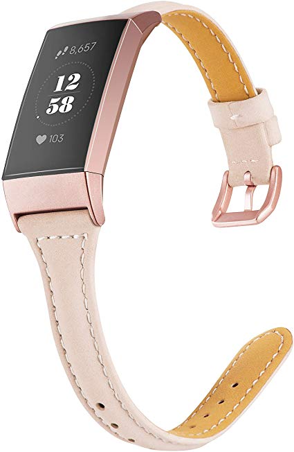 Wearlizer Compatible with Fitbit Charge 3 Bands for Women Slim Leather Replacement Fit Charge hr 3 Special Edition Rose Gold Band Accessories Strap