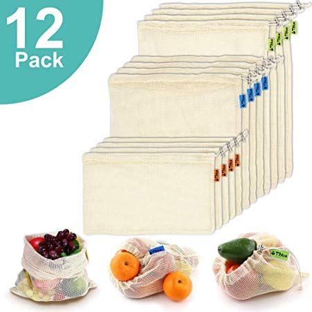Reusable Produce Bags, Organic Cotton Mesh Bags for Grocery Shopping and Storage with Tare Weight on Tags, Double-Stitched Seams, Machine Washable, Biodegradable, Eco-Friendly, Set of 12 (4S,4M,4L)