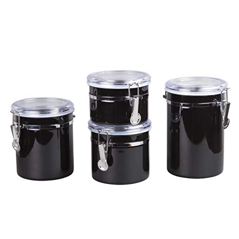 Creative Home 50279 4-Pieces Stainless Steel Canister Container Set with with Air Tight Lid and Locking Clamp, 26 oz./36 oz./47 oz./And 62 oz, Black