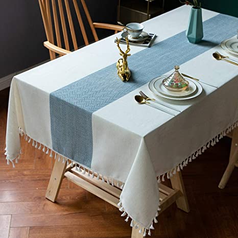 TEWENE Table Cloth, Cotton Linen Tablecloths Wrinkle Free Tablecloth Rectangle Table Cloths Tassle Table Clothes for Rectangle Tables, Kitchen, Dining, Outdoor Table(55''x86''/6-8 Seats/Blue)