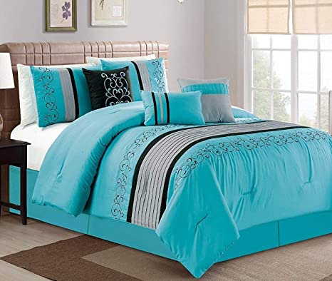JBFF Modern 7 Piece Oversize Embroidered Comforter Set Bedding with Accent Pillows (Turqoise, Cal King)