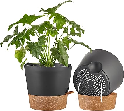 FaithLand 2-Pack 10 Inch Planter Pots for Indoor Outdoor Plants, Self Watering Flower Pots with Deep Reservoir, Black with Terracotta …