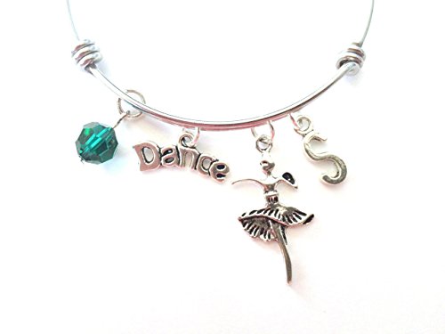 Dancing / Dance themed personalized bangle bracelet. Antique silver charms and a genuine Swarovski birthstone colored element.