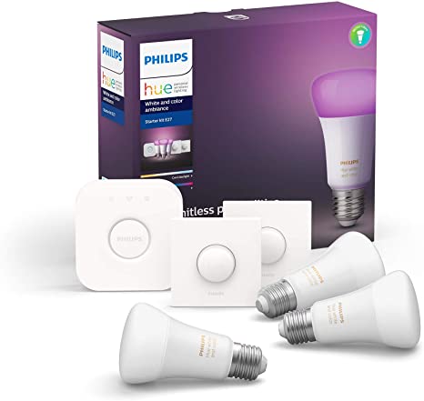 Philips Hue Starter Kit White and Colour Ambiance: Smart Bulb 3 Pack LED [E27 Edison Screw] Including 2 Hue Buttons and 1 Hue Bridge, Works with Alexa, Google Assistant and Apple HomeKit